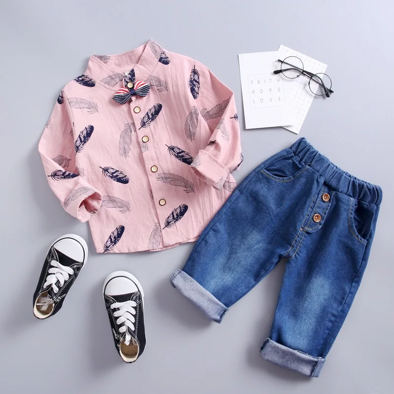 

Children's clothing Wholesale fashion casual boy's clothing long-sleeved print shirt + jeans 2-piece set for 5-year-old