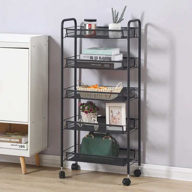 

5 Tiers Black Kitchen Mesh Rolling Storage Cart Wire Basket Shelving Trolley, White/black
