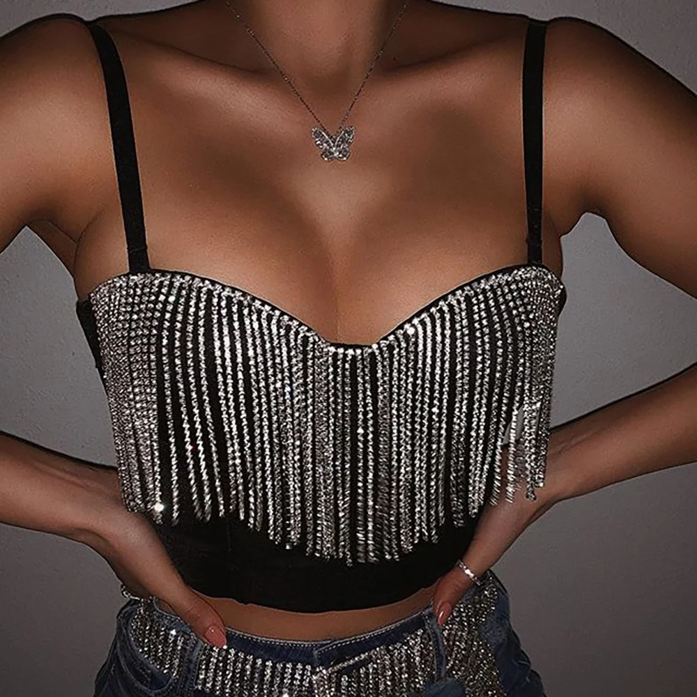 

summer clothing best price wholesale women sexy club tank top black tassel crop top rhinestone v neck vest