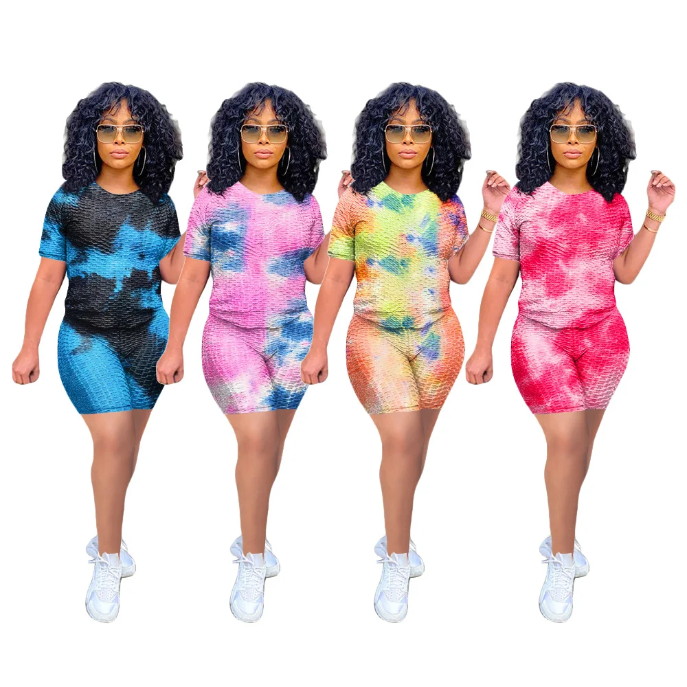 

ORS390089 Plus Size Shorts Set Women Workout Biker Jogging Fitness Yoga Tie Dye Set, As show