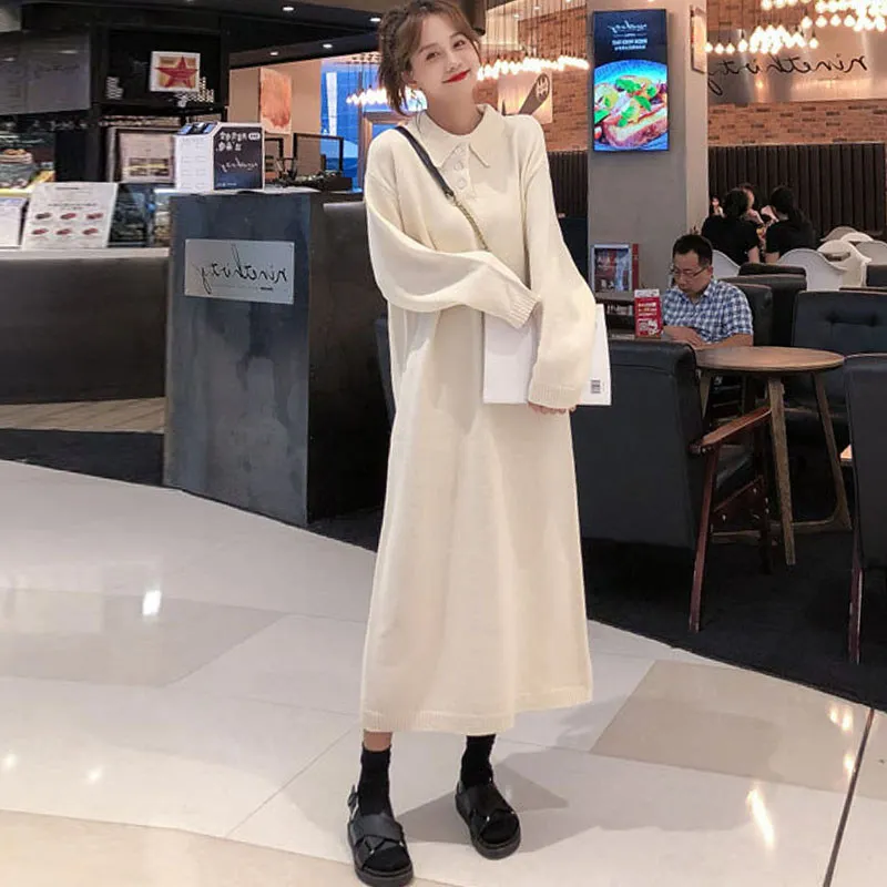 

2021 Fashion winter thick knitted polo neck sweater dress oversized casual long sweater women loose maxi sweater dresses