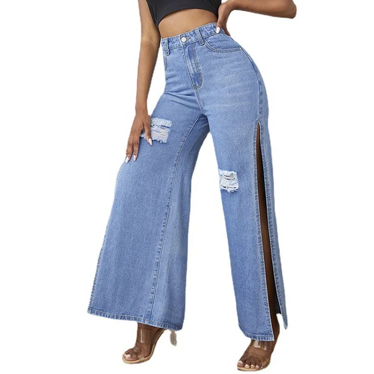 

Fall New Style High Quality Light Blue Plus Size Wind Hole Personality Split Wide Leg Trousers Women Jeans