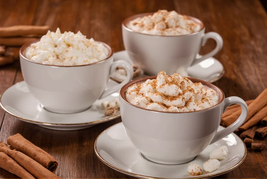 Three mugs of cinnamon hot chocolate with different toppings: whipped cream, marshmallows, and cinnamon dusting on wooden table