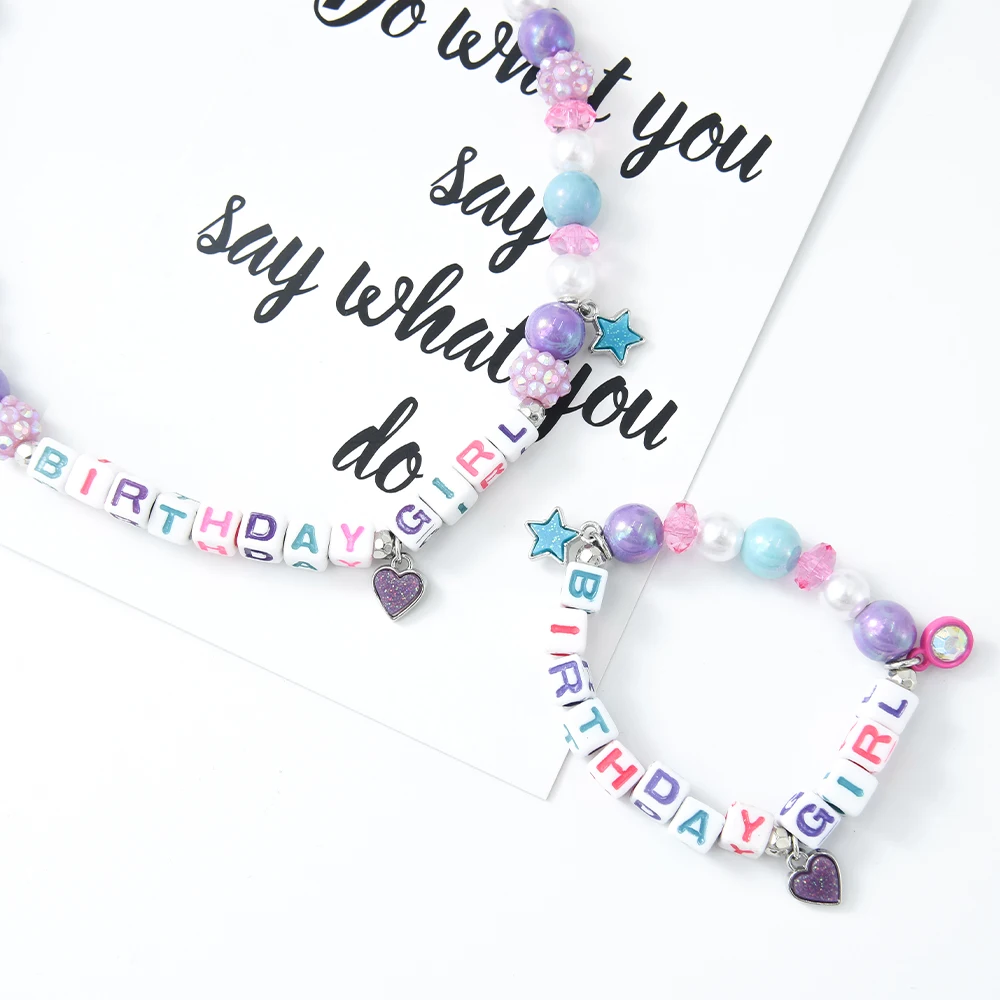 

High Quality 2PC/Set Cute Kids Colorful Acrylic Pearl Happy Birthday Gift Kids Letter Bracelet Necklace Jewelry Set, Multi