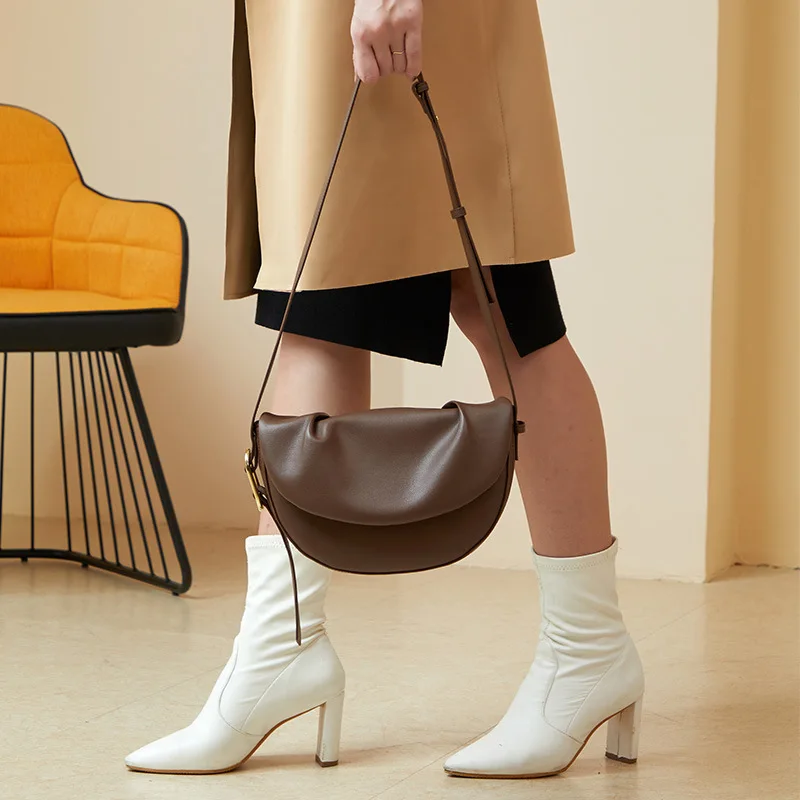 

Women's Luxury All-match Cowhide Leather Retro Half Moon Saddle Bag Famous Brands Designer Ladies Trending Handbags