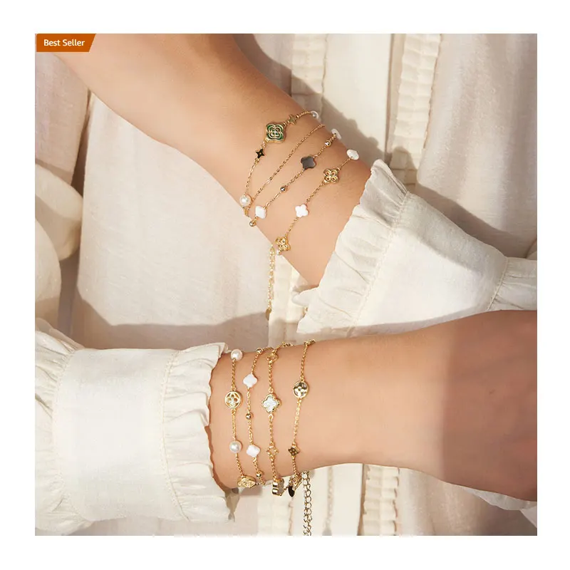 BGMB65-71 RINNTIN Wholesale 14K Gold Shell Pearls Bracelet Latest Girl 925 Silver Jewelry Four Leaf Clover Bracelet for Women