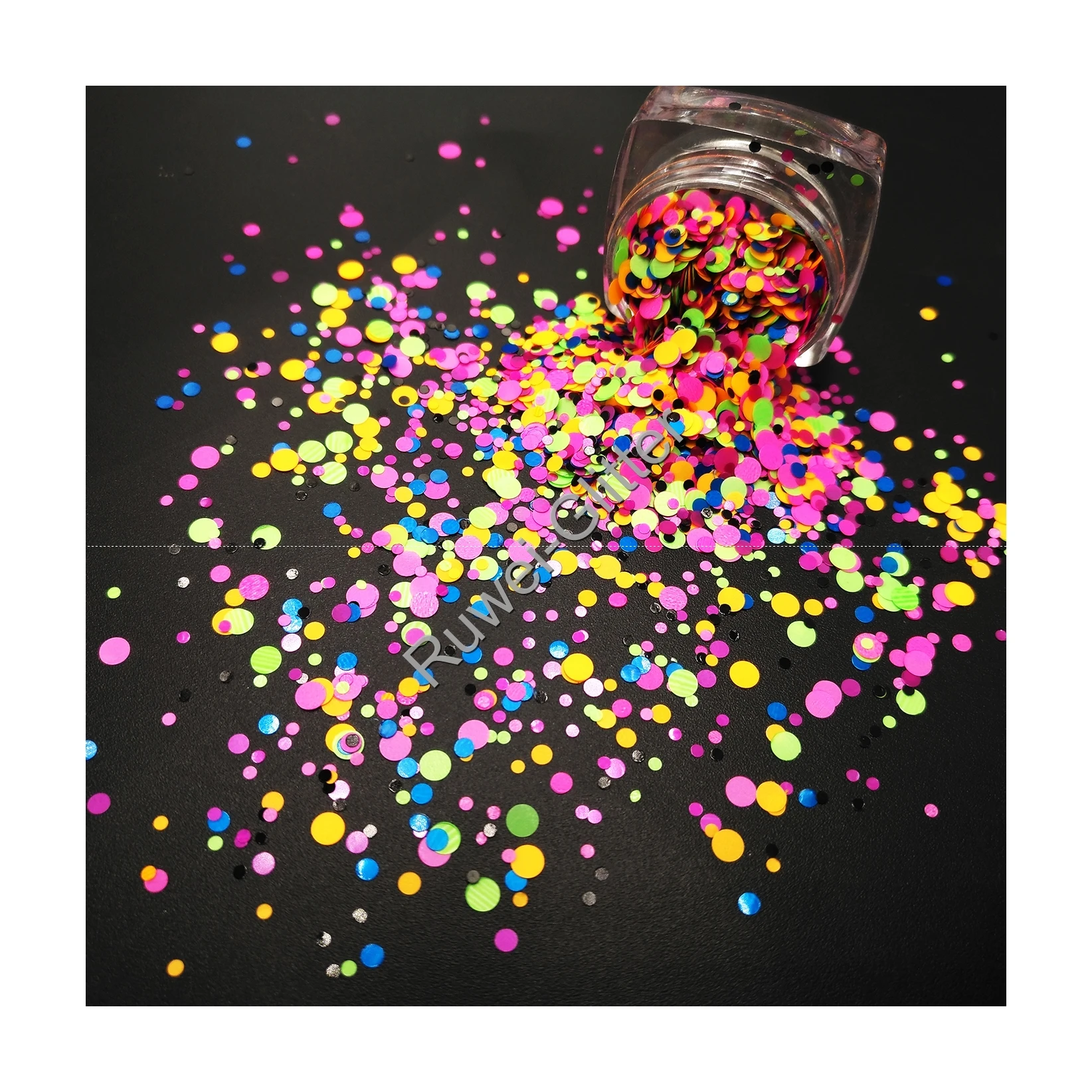 

NEON Matte Solvent Resistant Glitter Mix Round Dots Shape for Nail Polish Makeup Facepaint in Jar