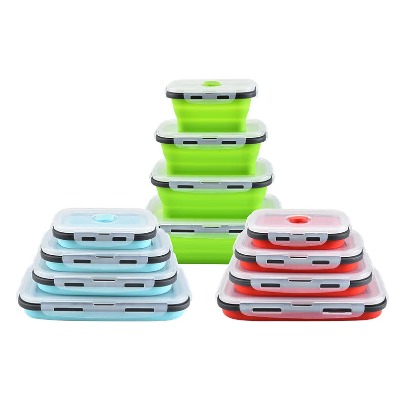 

4 Pieces Set Rectangle Custom Eco Friendly Home Collapsible Tiffin Compartment Silicone Bento Lunch Box Food Storage Container, Blue, red, green, pink, grey blue