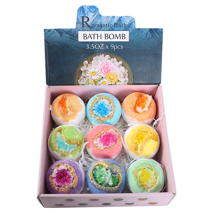 

2021 New Arrival gift set packaging organic shower fizzy Geode Crystal Quartz Bath Bombs, Customized color