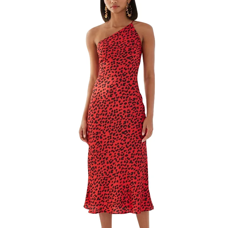

African Plus Size Women Clothing Leopard Dress Red Animal Print One Shoulder Skater Sleeveless Dresses, Blue