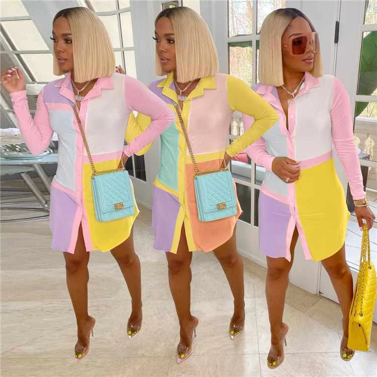 

summer clothes fashion 2021 women candy color patchwork long sleeve midi dress