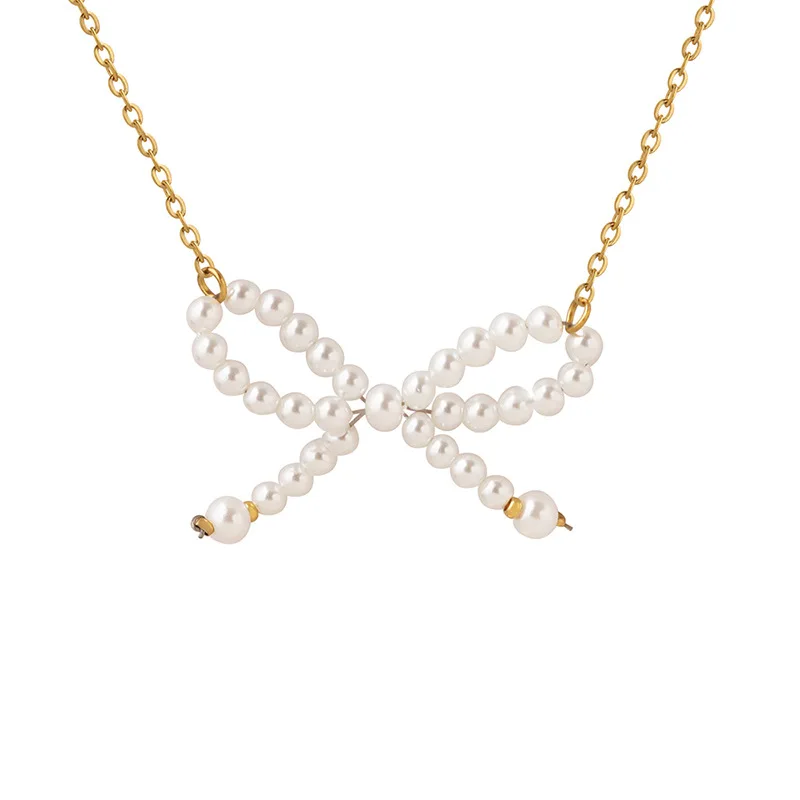 

Korean-Style Sweet Imitation Pearl Bow Pendant Necklace 18K Gold-Plated Choker Jewelry For Woman Party Tarnish Free