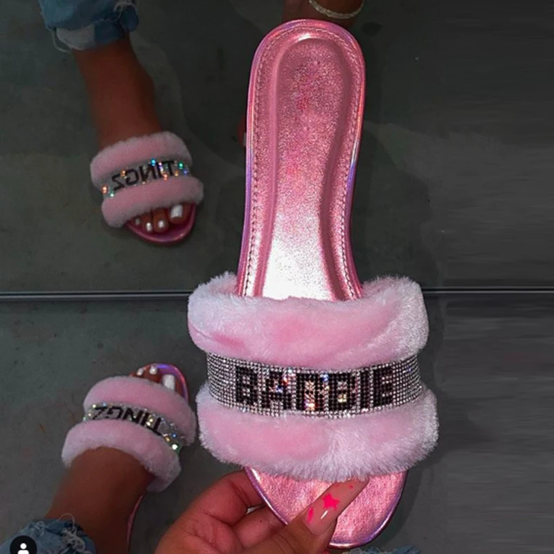 

barbi tingz pink bling fur slides slippers slides light pink barbes tingz slides