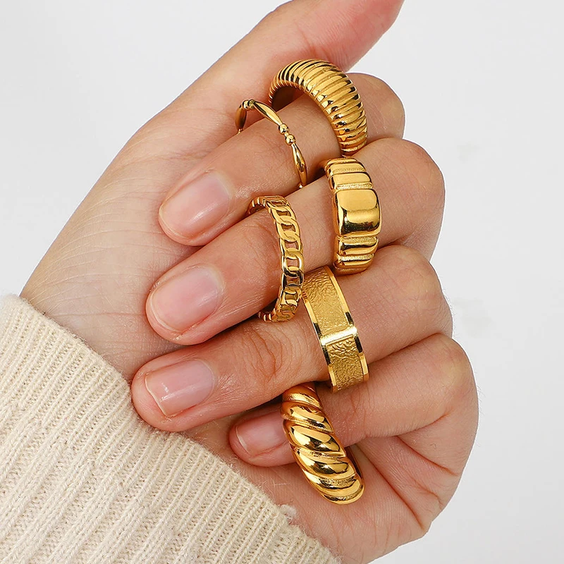 

2023 stainless steel jewelry Set Horn Wrap Chunky Rings Gold Plated 316l Waterproof Environmental Friendly 6 7 8 5 Pcs