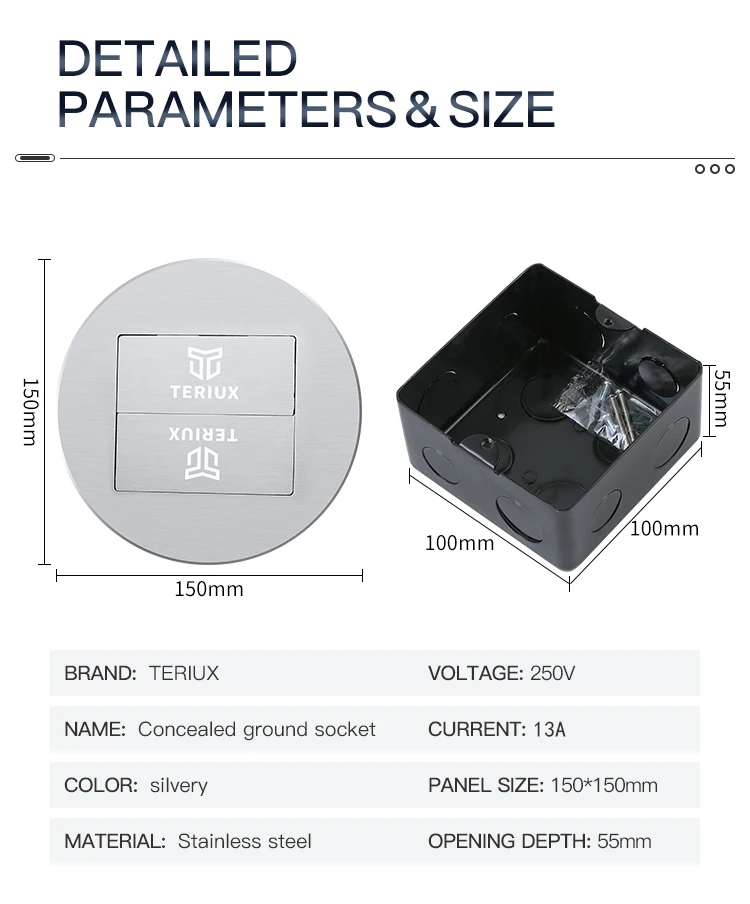 British standard stainless steel power 13A round concealed floor socket box