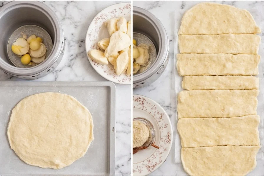 Step-by-step bread machine cinnamon buns preparation showing dough being removed from machine, rolled out, and cut into sections