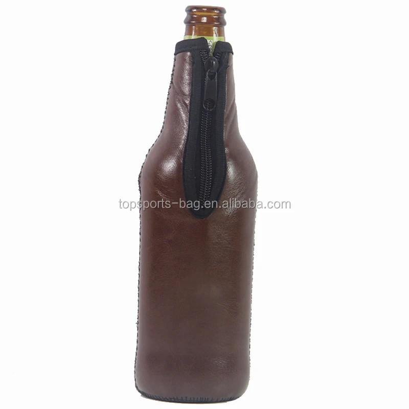 

Brown PU Leather Neoprene Beer Bottle Cooler Sleeve Holder, Customized color