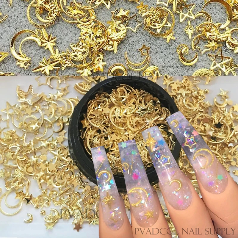 

3D Nail Art Charms Moon Star Metallic Nails Sequins Cross Sun Hollow Slice Press On Tips Rhinestones Acrylic Manicure Supply