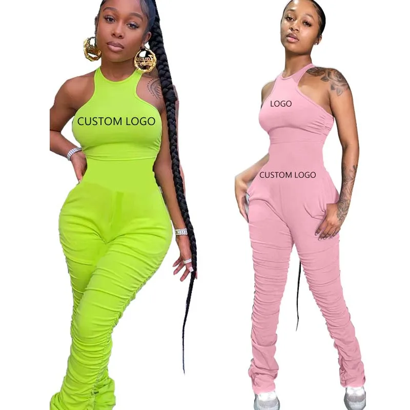 

Free Shipping New Fashion Wholesale Women Sleeveless Tops And Pleated Pants 1 Piece jumpsuit Ruched Plus Size Stacked Leggings, Customized color