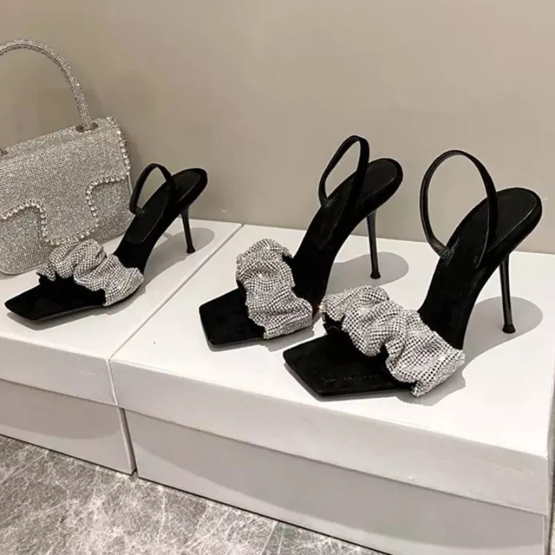 

Crystal Rhinestone Open Toe Slingback Elegant Lady Sandal Stiletto Heels Shoes Black Heels for Women