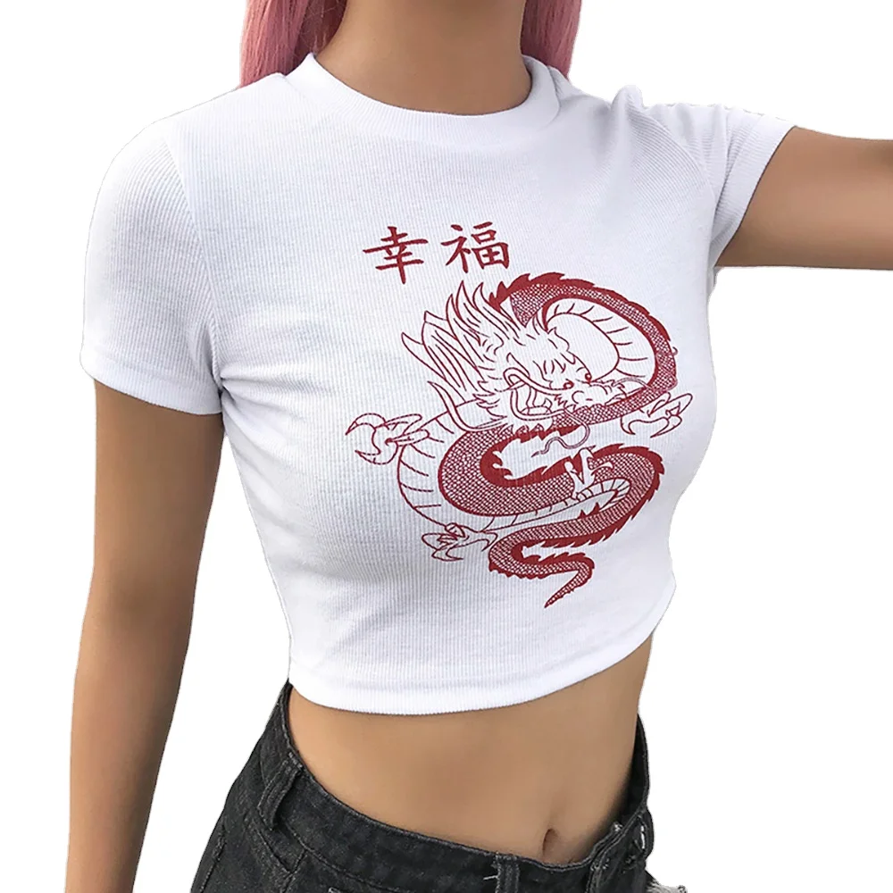 

White Chinese Character Dragon Print T-Shirt For Women Slim Fit Casual Short Sleeve Women Street Tops XQM