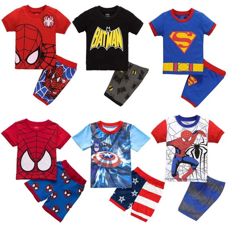 

Summer Cartoon Kids Pajamas Superhero Captain Bat Man Spider Man Print Baby Boys Sleepwear Sets Short Sleeve Children Nightwear, As the pictures