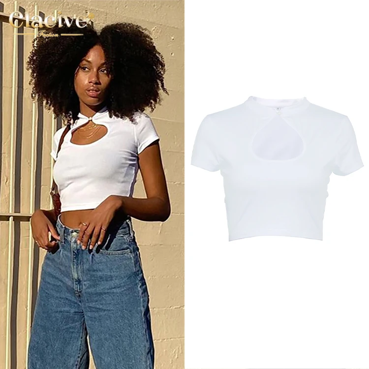 

Clacive Factory Direct Sales Short Sleeve O-Neck White Casual Women Crop Top Hollow Out Sexy Women T-shirts