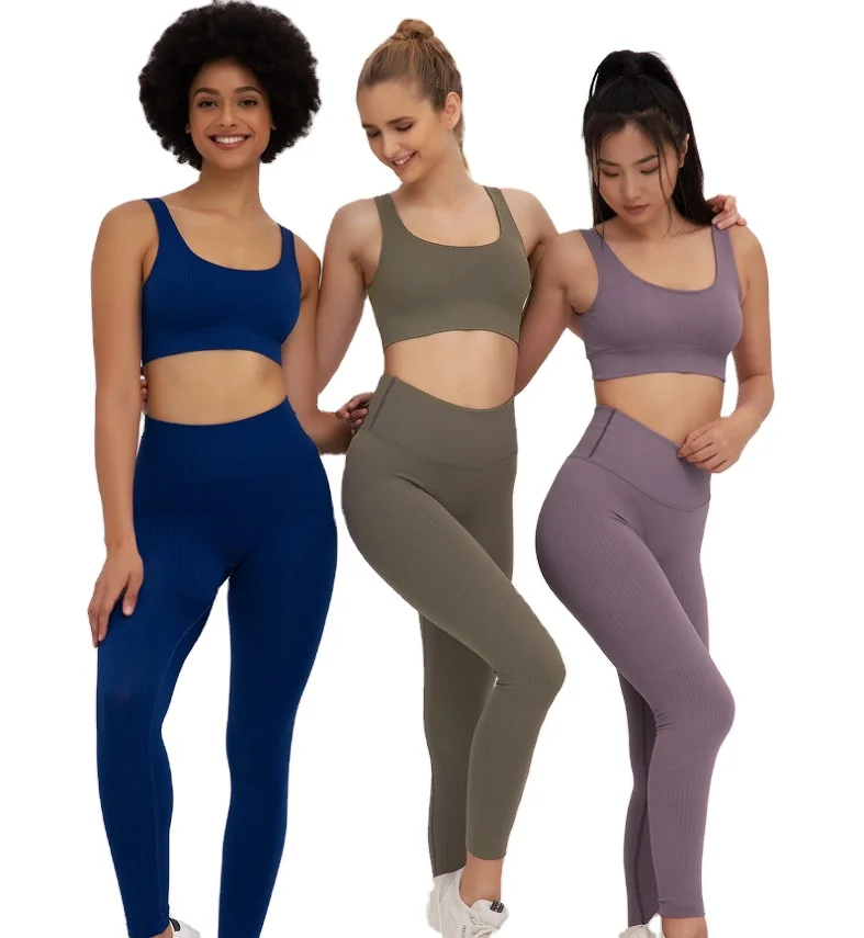 

spandex fitness active wear ribbed seamless gym suit sport bra top legging two piece yoga set for women, Sku shows