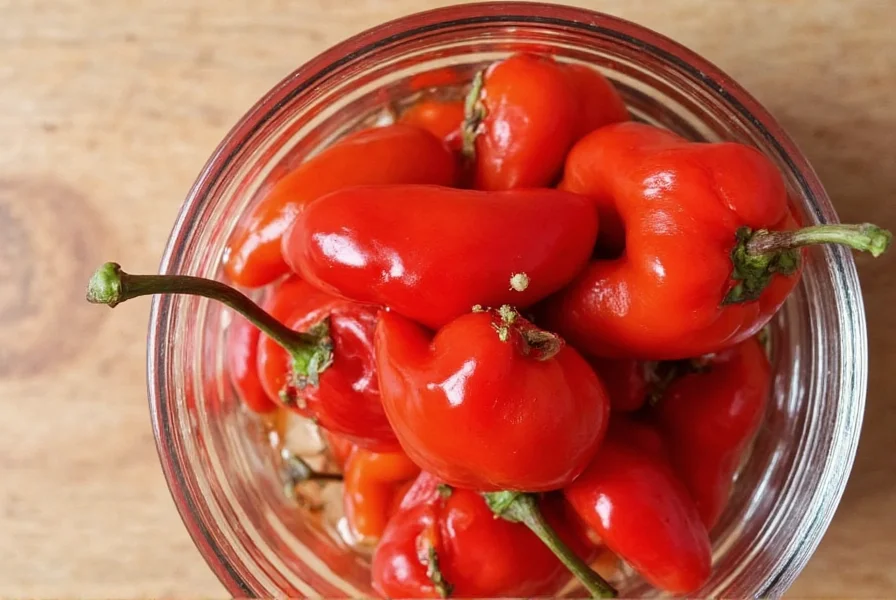 Homemade pickled cherry bomb chili peppers in glass jar with garlic and herbs