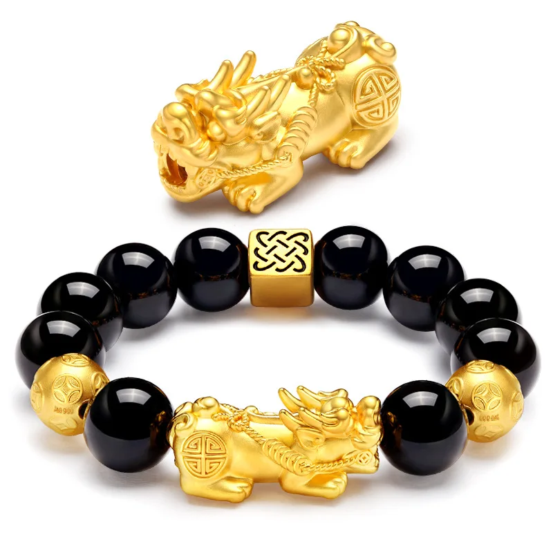 

Fashion Gold Plated Charm Piyao 12mm Black Obsidian Beads Women Men Feng Shui Lucky Wealth Pixiu Bracelet Jewelry, As picture