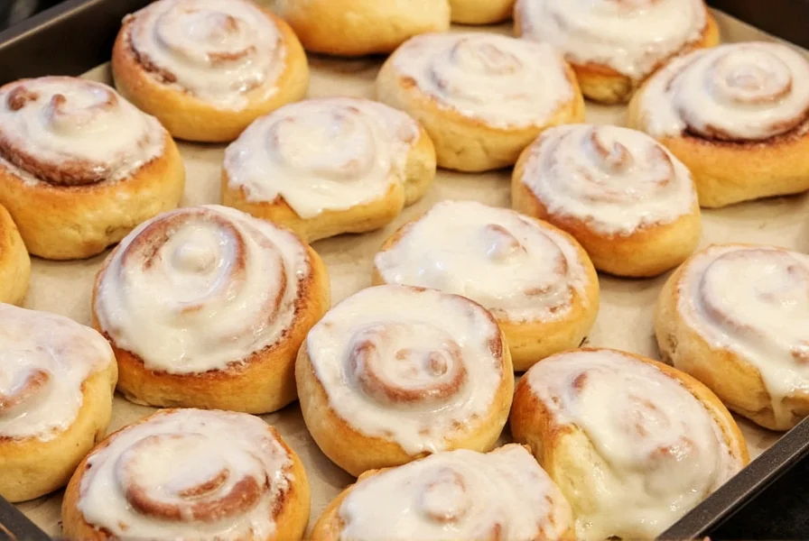Perfectly baked golden brown cinnamon rolls with melted icing dripping down the sides on a white ceramic plate