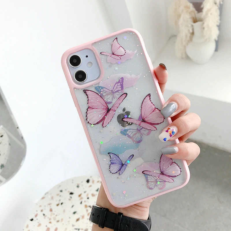 

Cute Laser Card Butterfly Phone Case for IPhone 11 Pro Max XS Max XR X 7 8 Plus Purple Glitter Soft Clear TPU Cover