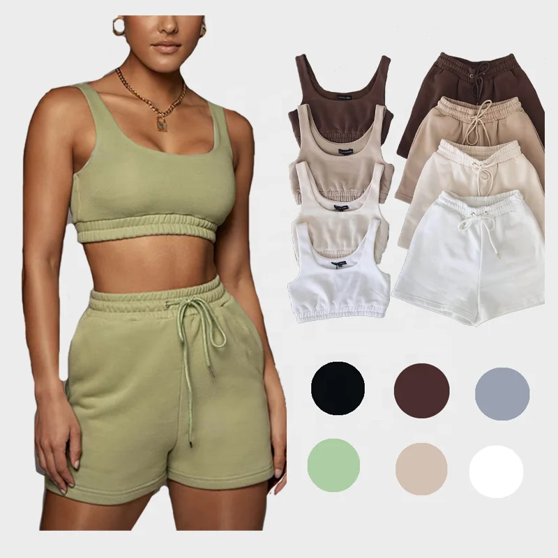 

INS Hot Sale Summer Matching Tracksuit Crop top Bra and Biker Pocket Shorts Outfit Two Piece Short Sets, 8 colors