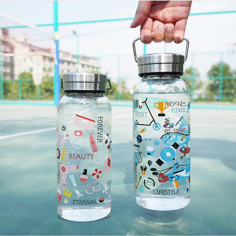 

Hot sales 1000ML creative glass water bottle portable drinking bottle with lid borosilicate glass bottle, Pink/blue