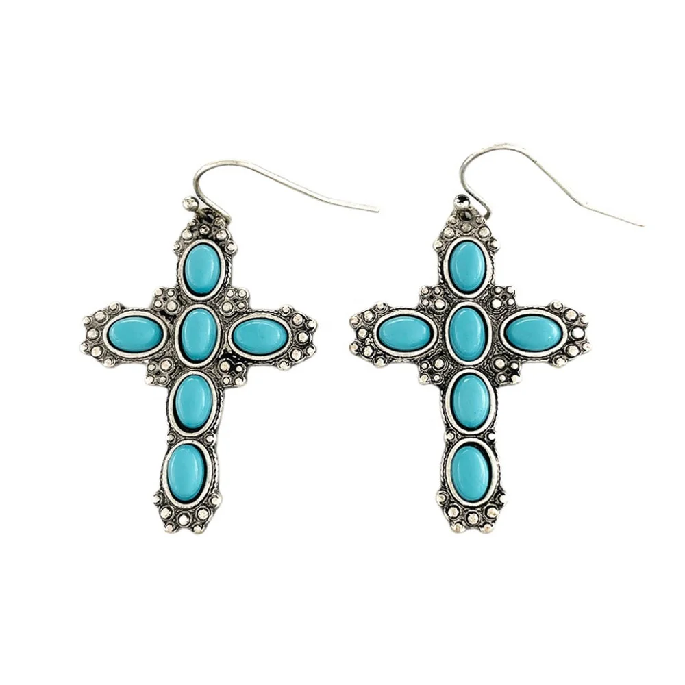 

Personality vintage silver plated drop bohemian cross turquoise women's earrings