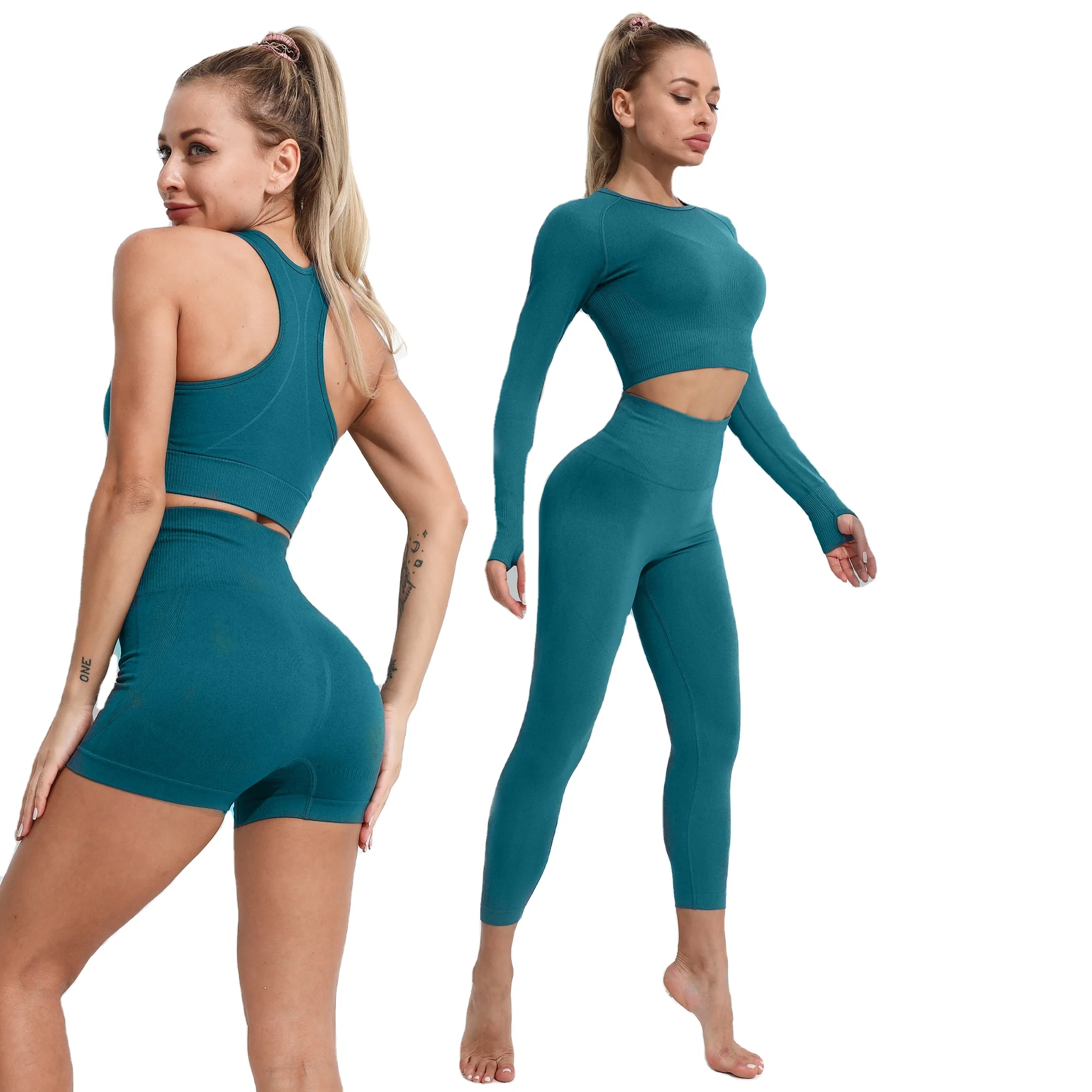 

Wholesale Women Sports Gym Wear Tights And Crop Top 4 Pieces Seamless Yoga Set, Picture shows