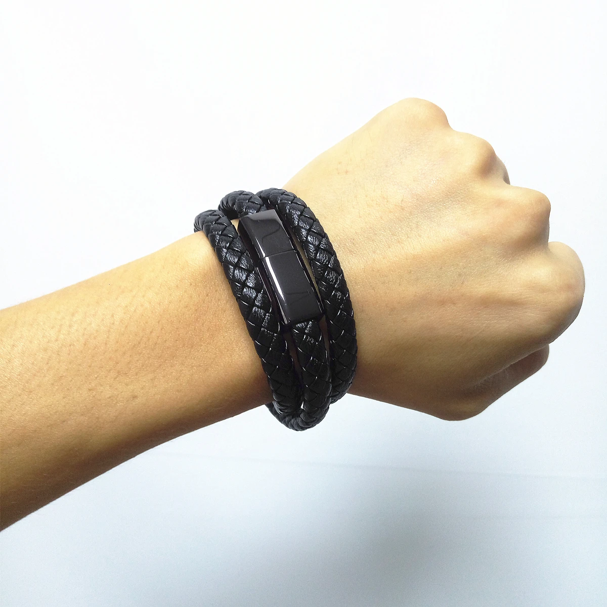 

Stylish Leather Bracelet Charging Cable Custom Gift Braided Wrist Band for Android iPhone Type-C, Black/brown