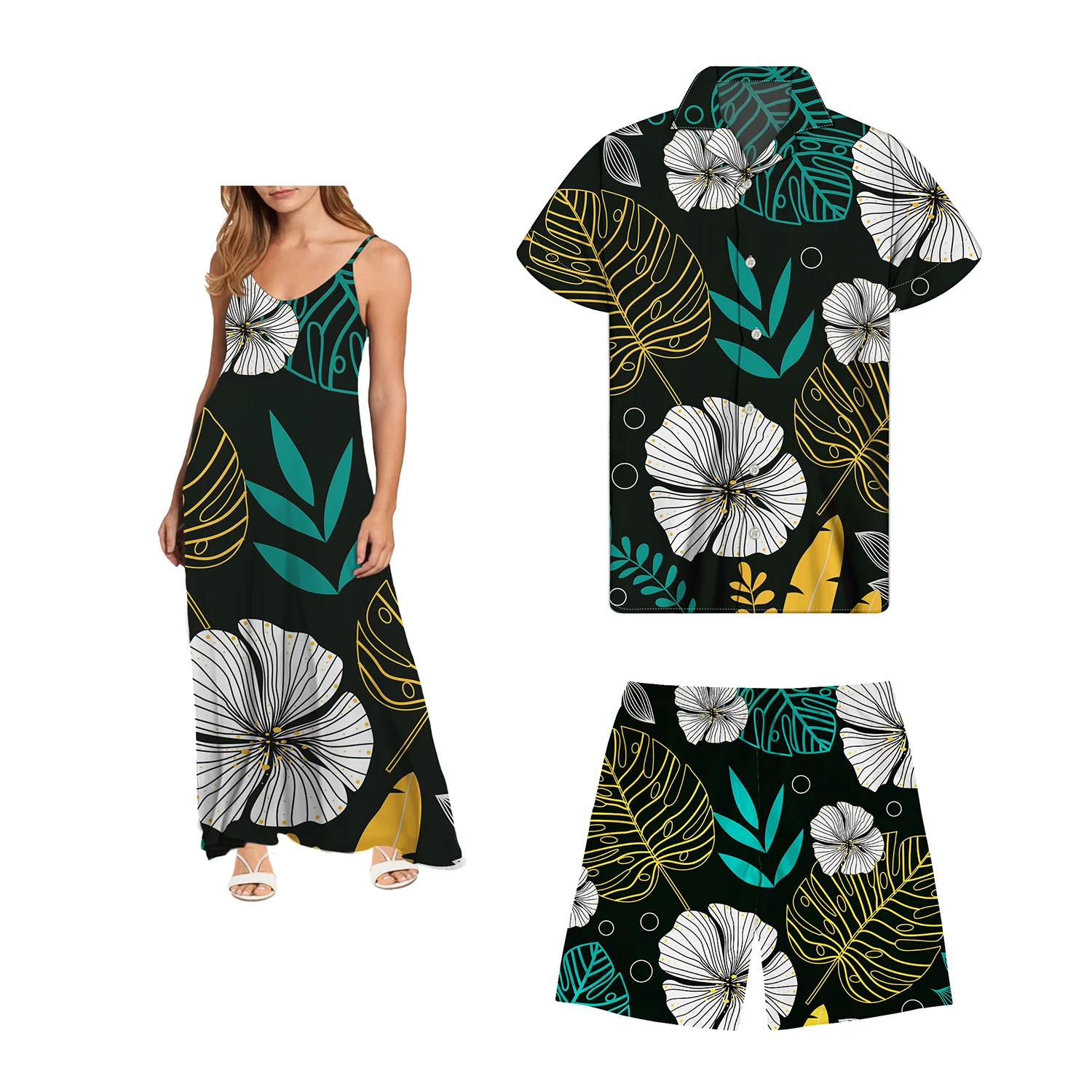 

2021 New Arrival Hawaiian Leaves Print 3 Piece Mens Shirt And Shorts Set Slip Dress Plus Size Sleeveless Maxi Dress, Customized color