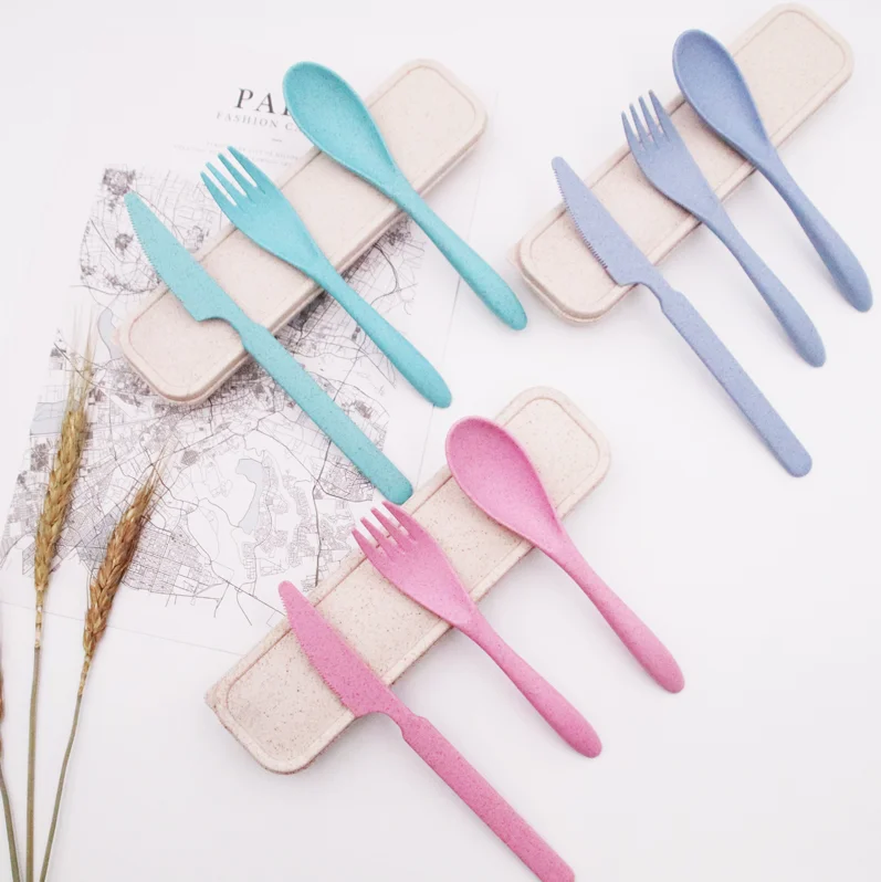 

BPA FREE 3pcs kids cutlery reusable Portable biodegradable cutlery set for kids, Beige, pink, green, blue, etc.