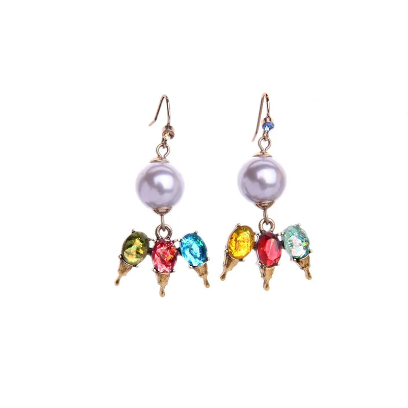 

ed01261 Wholesale Free Shipping Large Pearl Colorful Gem Diamond Resin Crystal Jewelry Sweet Girls Drop Earrings, Gold