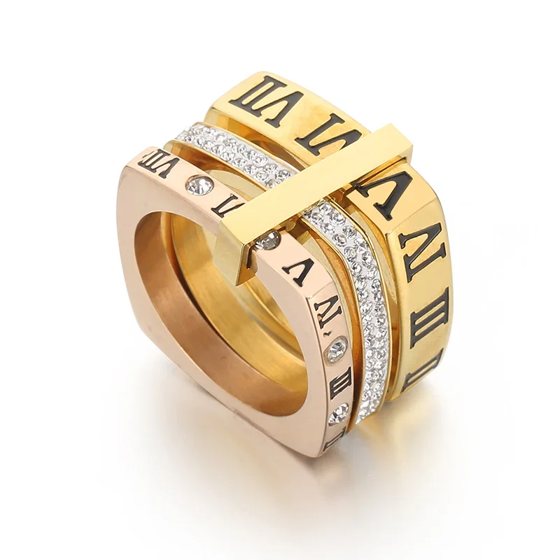 

Hot Sale 18k Gold CZ Cubic Zircon Jewelry Square Ring Engraved Stainless Steel Roman Numeral Rings