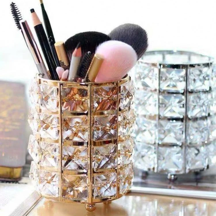 

European style crystal brush bucket collection cosmetics makeup brush pencil storage rack, Gold/silver