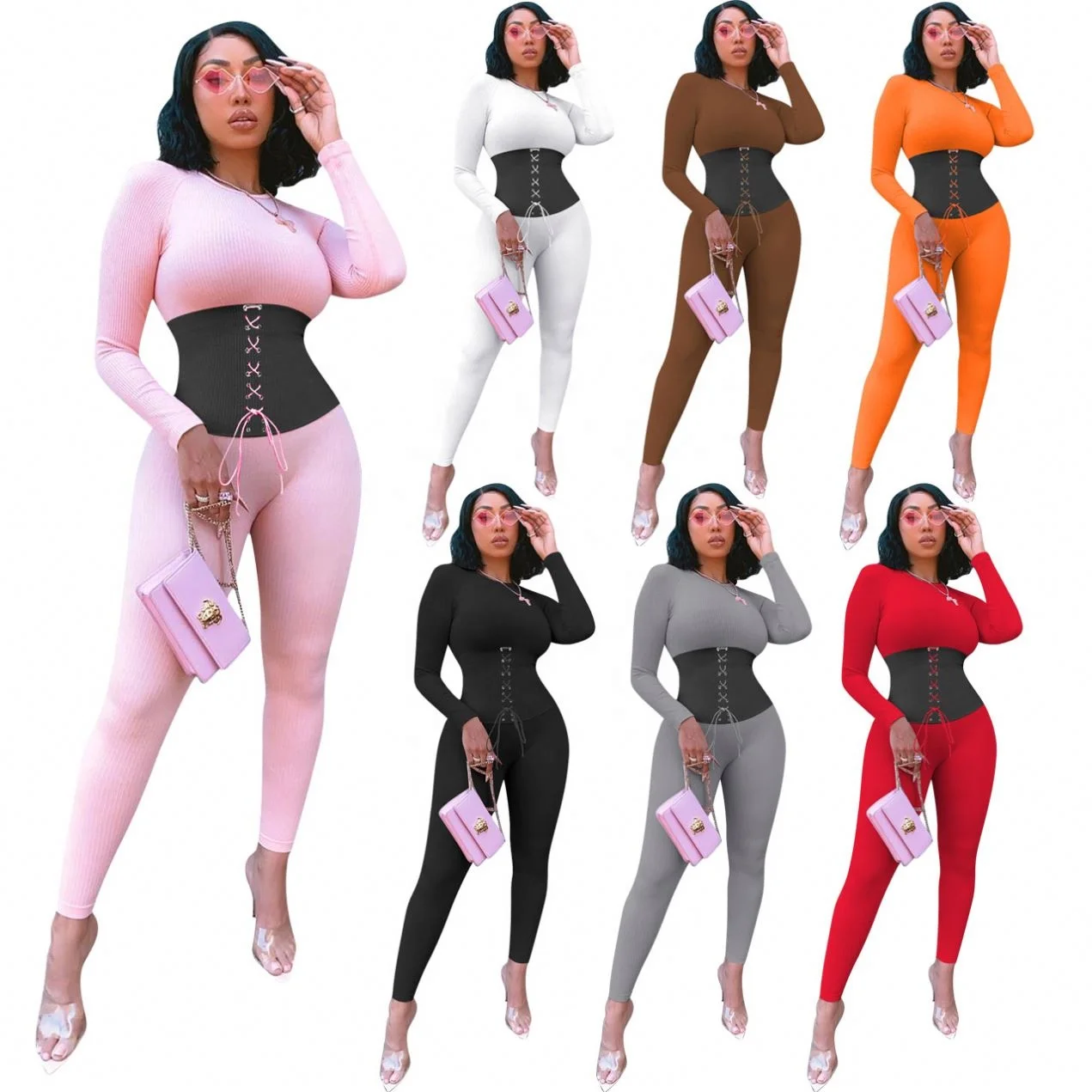 

Nk183 Fall Ladies Fashion Jumpsuits Women Sexy Legging Solid Color Splice Long Sleeve Tight Slim Jumpsuit