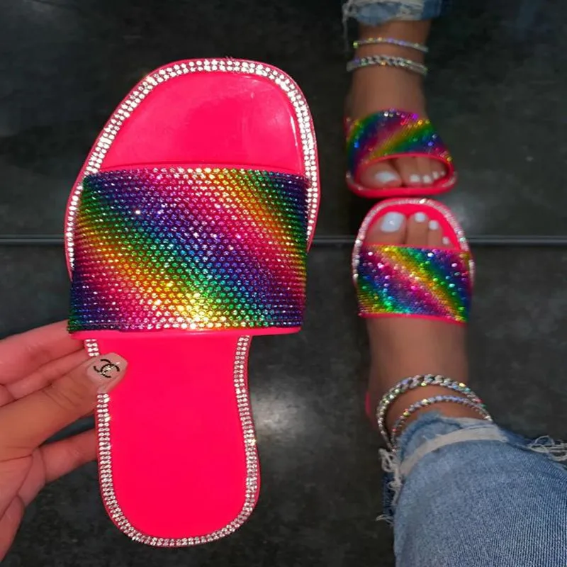 

PDEP fashion summer shiny colorful women flat slippers rhinestone outdoor cheap slippers for ladies, White,black,green,pink