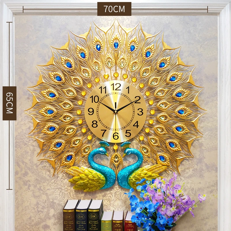 

China Good Price creative decoration wall clock Golden Peacock luxury clocks, Green