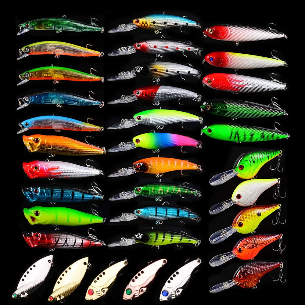 

35PCS/set Fishing Lure kit sinking minnow Lure Crankbait VIB Pencil fishing Popper lures, Vavious colors