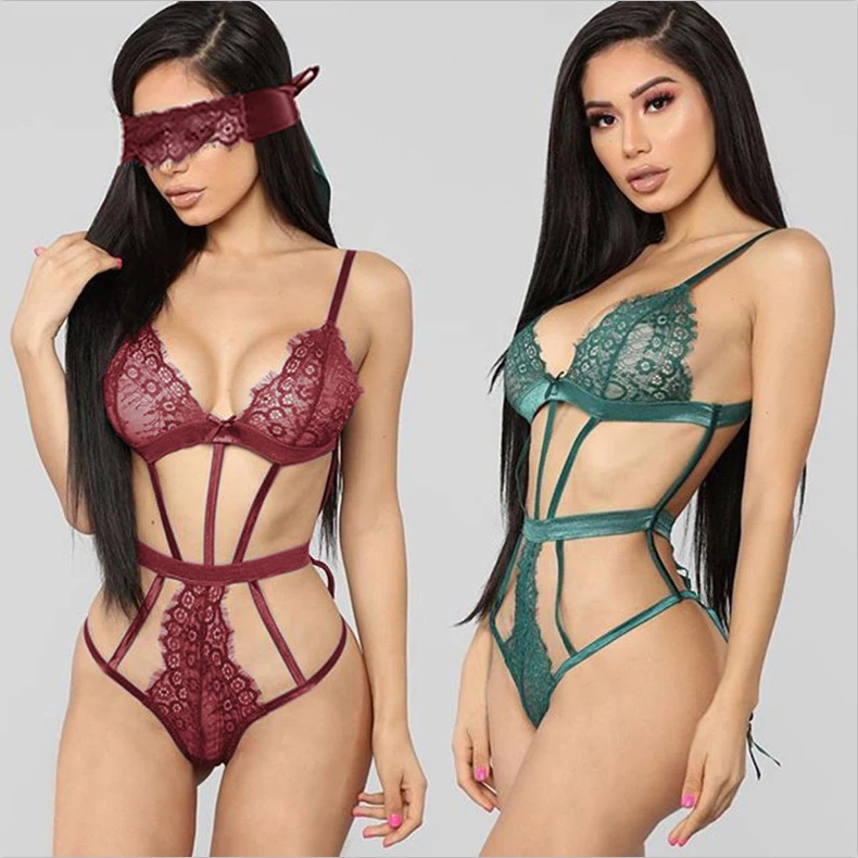 

women 2 Piece Set adult Hollow sexy lace hot transparent lingerie underwear, Black, wine red, green