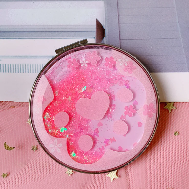 

Pink Girly Series Shiny Crystal Liquid Quicksand Cat Paw flower Pattern Makeup Mirror Foldable Mirror Pocket Mirror