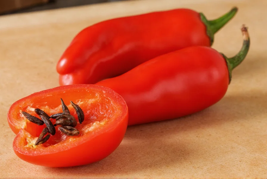 Close-up of locoto peppers showing black seeds and thick flesh on cutting board