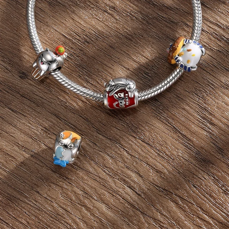 

Real 925 sterling silver Cute cat shaped food Series DIY enamel beads fashion Charm for Bracelet women jewelry making bulk